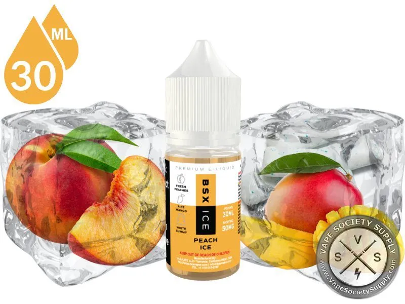 Peach Ice by BSX Salt 30ml bottle with peaches, a mango and ice