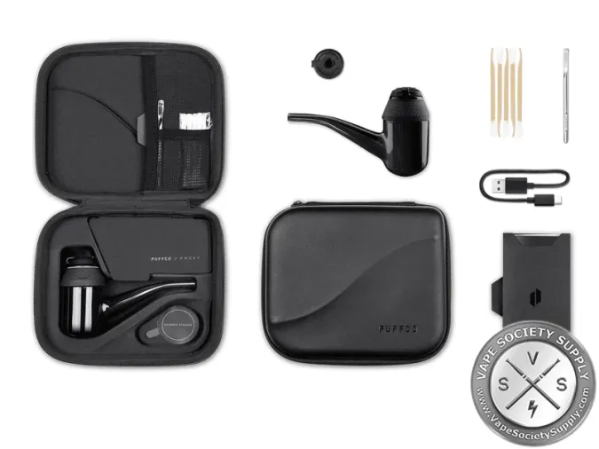 Puffco Proxy Kit in black: carrying case, Proxy in its glass pipe, carb cap, cotton swabs, loading tool and USB-C cable
