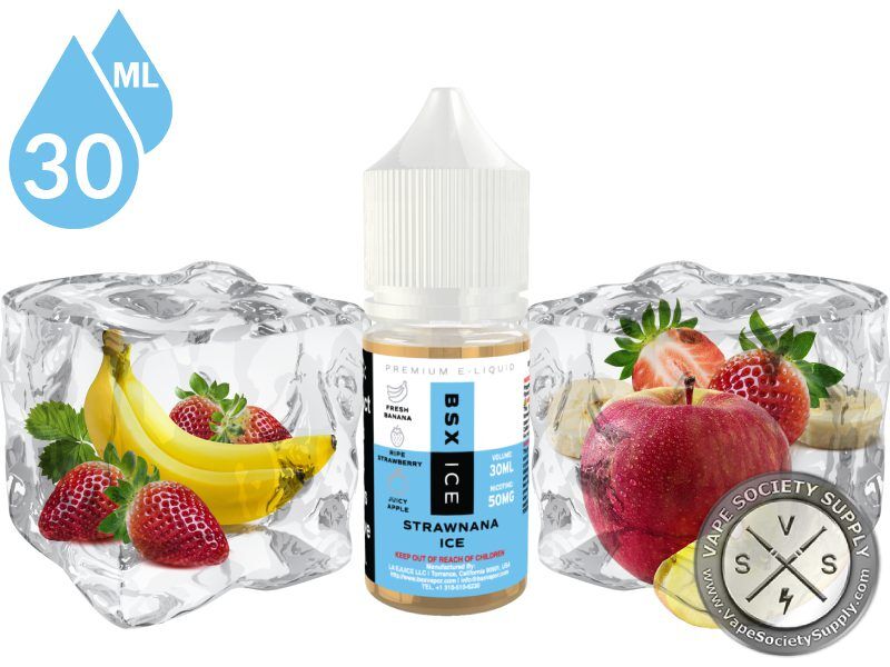 Strawnana Ice by BSX Salt 30ml bottle with bananas, strawberries, an apple and ice