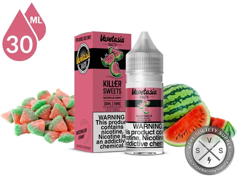 Watermelon Gummy Killer Sweets Vapetasia Salt 30ml bottle and box with watermelon gummy candies and watermelon