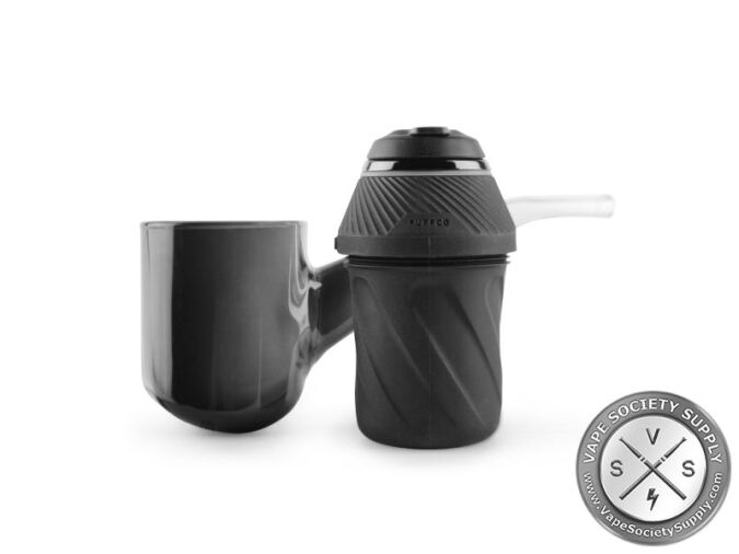 Puffco Proxy in black fitted in its glass pipe, seen from the side