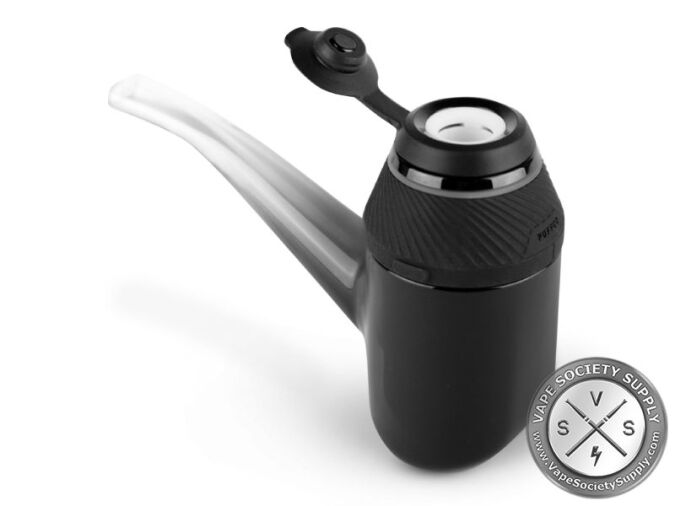 Puffco Proxy in black in its glass pipe, with the carb cap tipped open on its tether