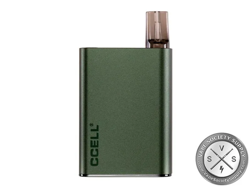 Forest green CCELL Palm Pro 510 battery with the CCELL name on the side and a cartridge fitted