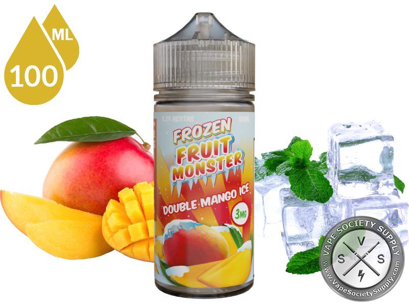 Double Mango Ice Frozen Fruit Monster 100ml bottle with mango, mint leaves and ice cubes