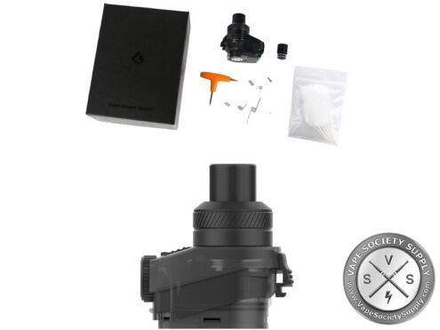 Geekvape Aegis Boost RBA kit with the pod, a spare drip tip, a screwdriver, prebuilt coils and cotton