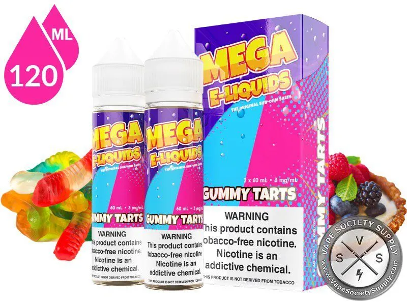 Gummy Tarts by Mega E-Liquids 2x60ml bottles and box with gummy worms, gummy bears and a berry tart