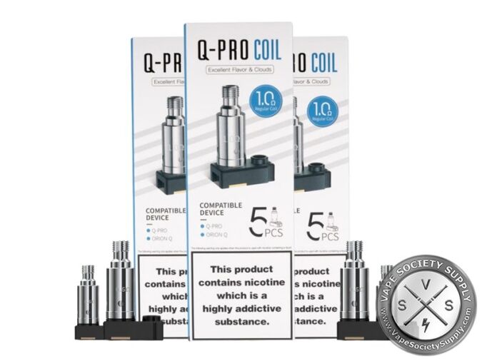 Three Lost Vape Q-Pro coil boxes marked 1.0Ω regular coil and 5 PCS, with loose coils in front
