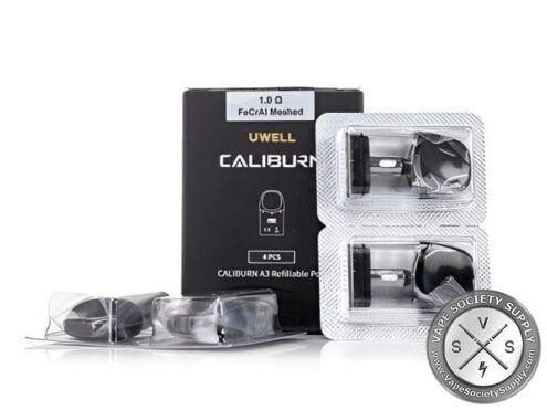 Box of four Uwell Caliburn A3 pods, 1.0Ω FeCrAl meshed, with the pods in a blister pack