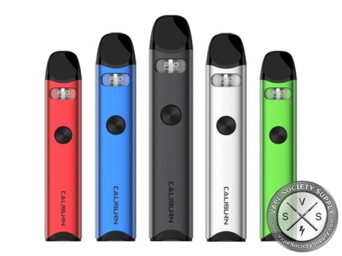 Five Uwell Caliburn A3 pod kits in Red, Blue, Black, Silver and Green