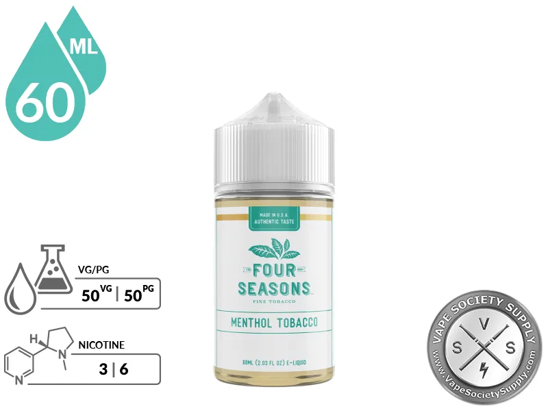 Menthol Tobacco by Four Seasons 60ml bottle with a 50/50 VG/PG icon and nicotine strength icons
