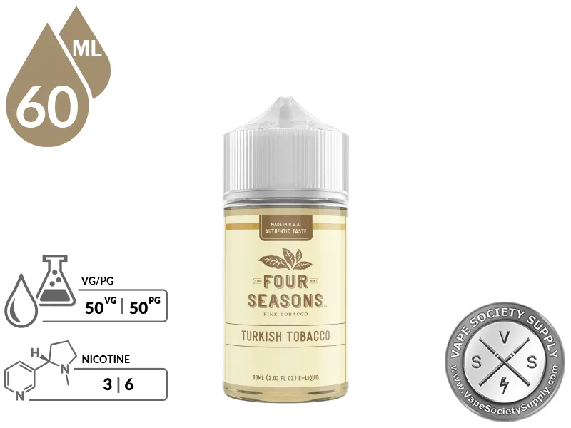 Turkish Tobacco by Four Seasons 60ml bottle with a 50/50 VG/PG icon and nicotine strength icons