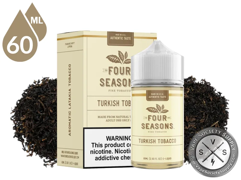 Turkish Tobacco by Four Seasons 60ml bottle and box with dark cut tobacco
