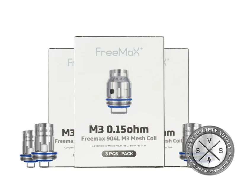 Three white FreeMax 904L M3 0.15ohm coil boxes with loose M coils on each side