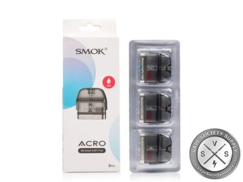 SMOK ACRO box marked meshed 0.8Ω pod and 2ml, with three pods in a blister pack