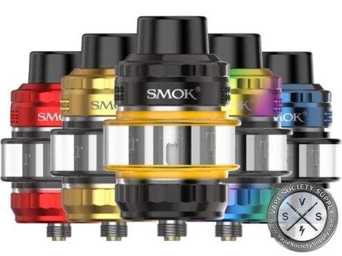 Five SMOK T-Air sub-ohm tanks in red, gold, matte black plating, 7-color and blue
