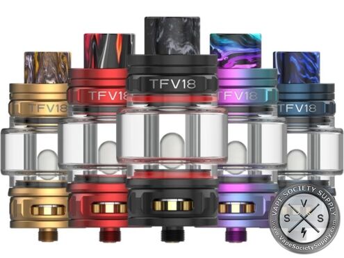 Five SMOK TFV18 sub-ohm tanks in gold, red, plating matte black, 7-color and blue, each with a resin drip tip