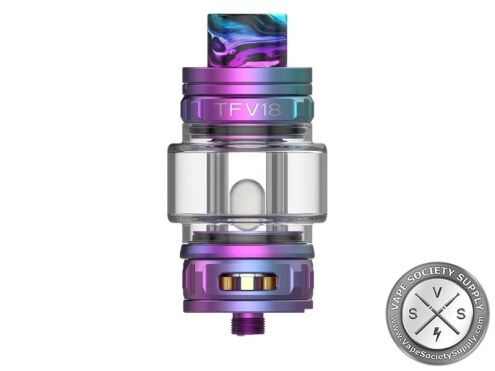 SMOK TFV18 sub-ohm tank in 7-Color with a purple, blue and teal swirl resin drip tip