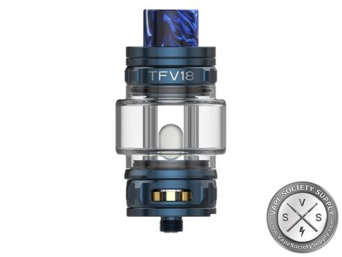 SMOK TFV18 sub-ohm tank in Blue with a blue and black swirl resin drip tip
