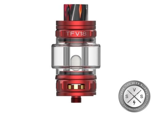 SMOK TFV18 sub-ohm tank in Red with a red, black and white swirl resin drip tip