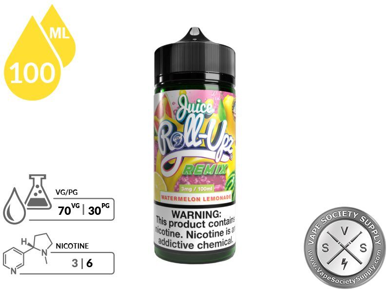 Watermelon Lemonade by Juice Roll Upz Remix 100ml bottle with a 70/30 VG/PG icon and nicotine strength icons