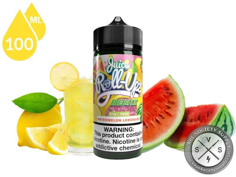 Watermelon Lemonade by Juice Roll Upz Remix 100ml bottle with lemons, a glass of lemonade and watermelon slices
