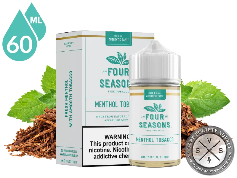 Menthol Tobacco by Four Seasons 60ml bottle and box with mint leaves and cut tobacco