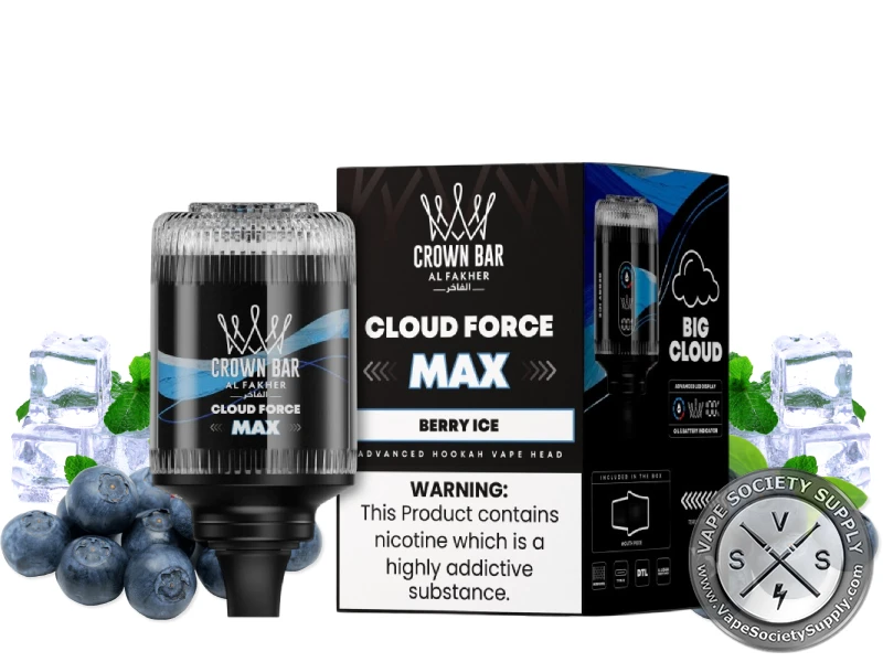 Al Fakher Crown Bar Cloud Force Max Berry Ice e-hookah head and box with blueberries and ice cubes