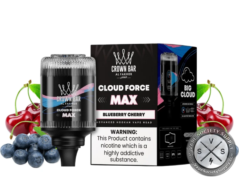 Al Fakher Crown Bar Cloud Force Max Blueberry Cherry e-hookah head and box with blueberries and cherries