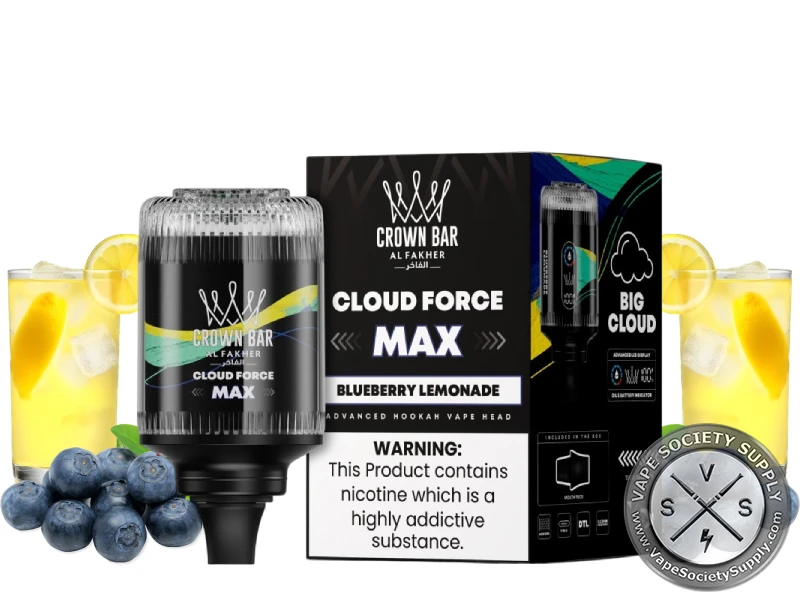 Al Fakher Crown Bar Cloud Force Max Blueberry Lemonade e-hookah head and box with glasses of lemonade with lemon slices, and blueberries