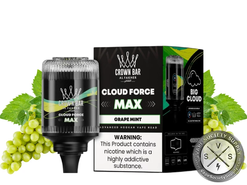 Al Fakher Crown Bar Cloud Force Max Grape Mint e-hookah head and box with green grapes and mint leaves