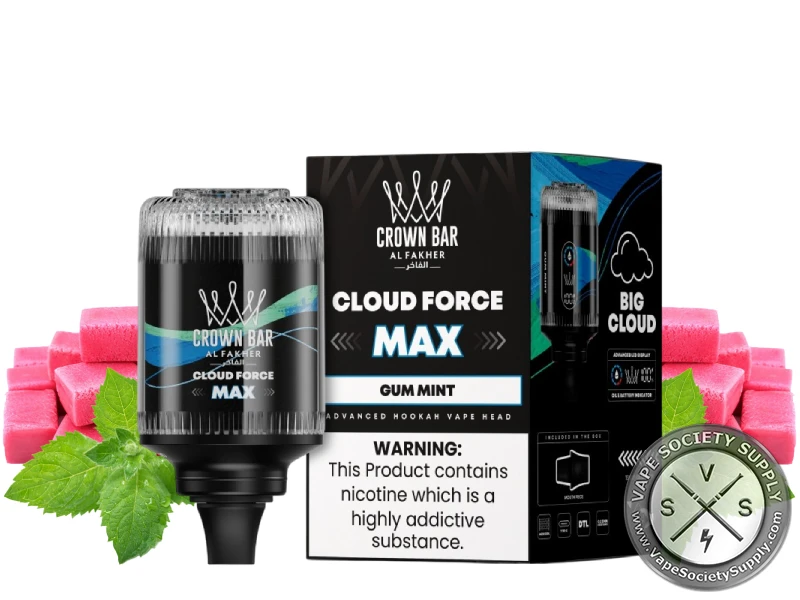 Al Fakher Crown Bar Cloud Force Max Gum Mint e-hookah head and box with pink bubble gum and mint leaves