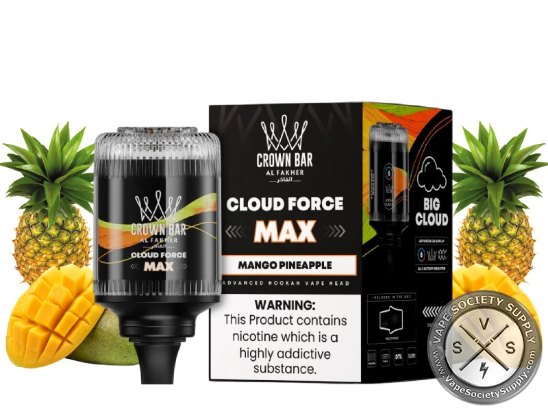Al Fakher Crown Bar Cloud Force Max Mango Pineapple e-hookah head and box with pineapples and a mango
