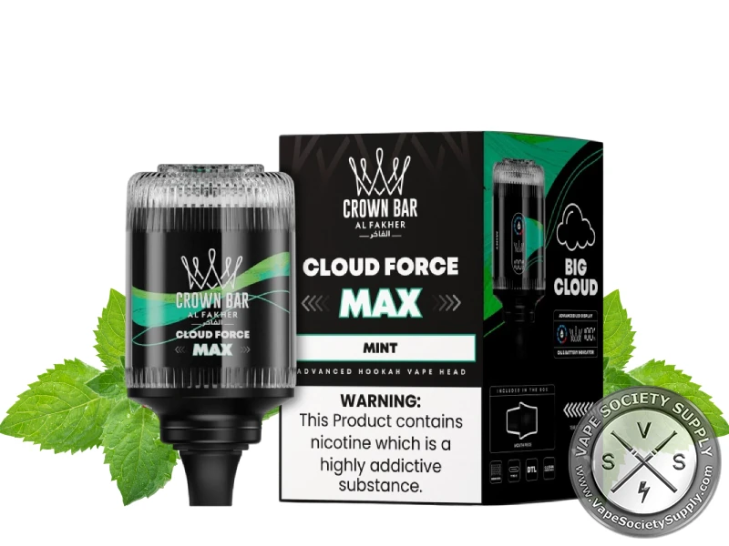 Al Fakher Crown Bar Cloud Force Max Mint e-hookah head and box with mint leaves