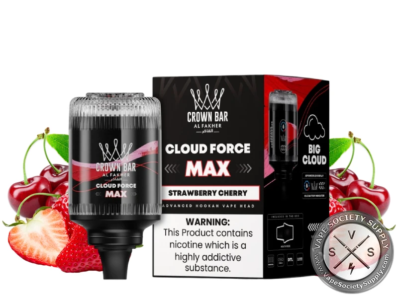 Al Fakher Crown Bar Cloud Force Max Strawberry Cherry e-hookah head and box with strawberries and cherries