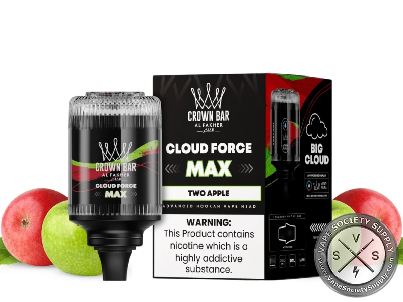 Al Fakher Crown Bar Cloud Force Max Two Apple e-hookah head and box with red and green apples
