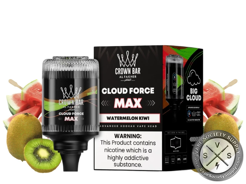 Al Fakher Crown Bar Cloud Force Max Watermelon Kiwi e-hookah head and box with watermelon slices and kiwis