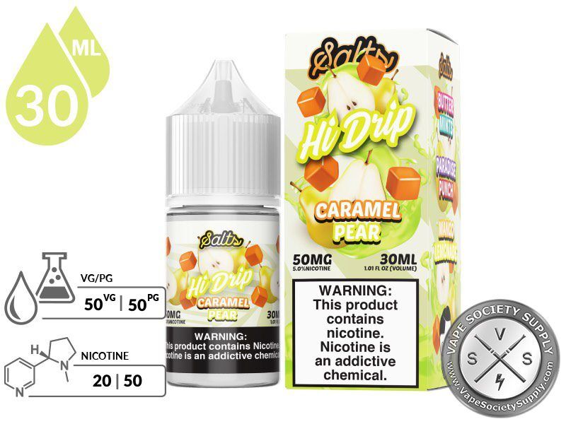 Caramel Pear by Hi Drip Salts 30ml bottle and box with a 50/50 VG/PG icon and nicotine strength icons