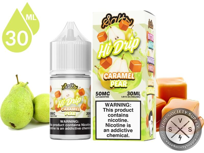 Caramel Pear by Hi Drip Salts 30ml bottle and box with a pear and caramel pieces