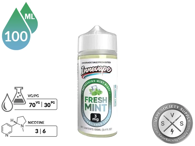 Fresh Mint Innevape 100ml bottle with a 70/30 VG/PG icon and nicotine strength icons