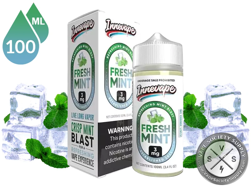 Fresh Mint Innevape 100ml bottle and box with ice cubes and mint leaves