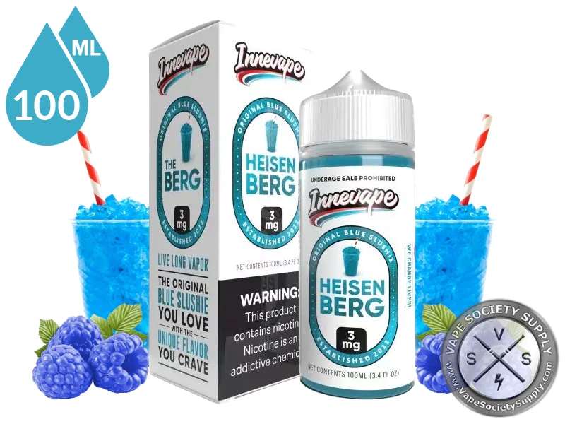 Heisenberg Innevape 100ml bottle and box with blue slushie cups and blue raspberries