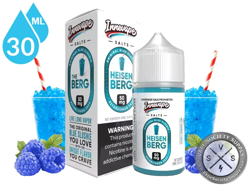 Heisenberg Innevape Salts 30ml bottle and box with blue slushie cups and blue raspberries