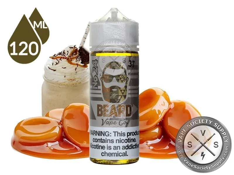 No. 24 Beard Vape Co 120ml bottle with a whipped cream milkshake and caramel candies