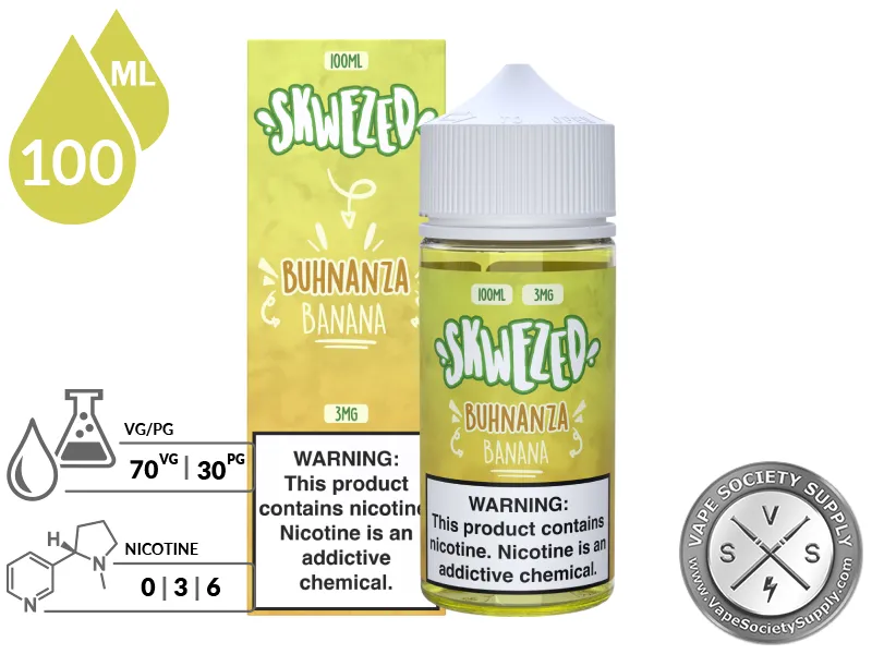 Banana by Skwezed 100ml bottle and box with a 70/30 VG/PG icon and nicotine strength icons