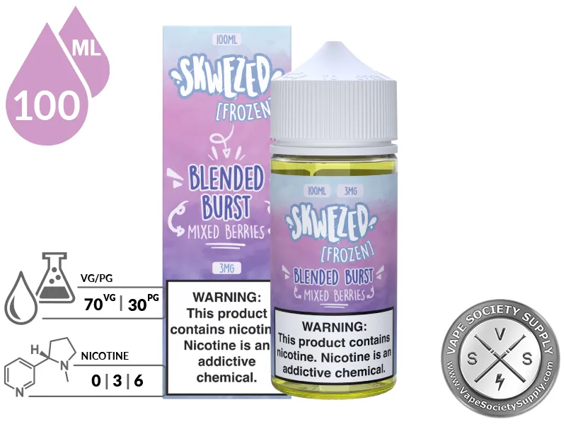 Mixed Berries Iced by Skwezed 100ml bottle and box with a 70/30 VG/PG icon and nicotine strength icons