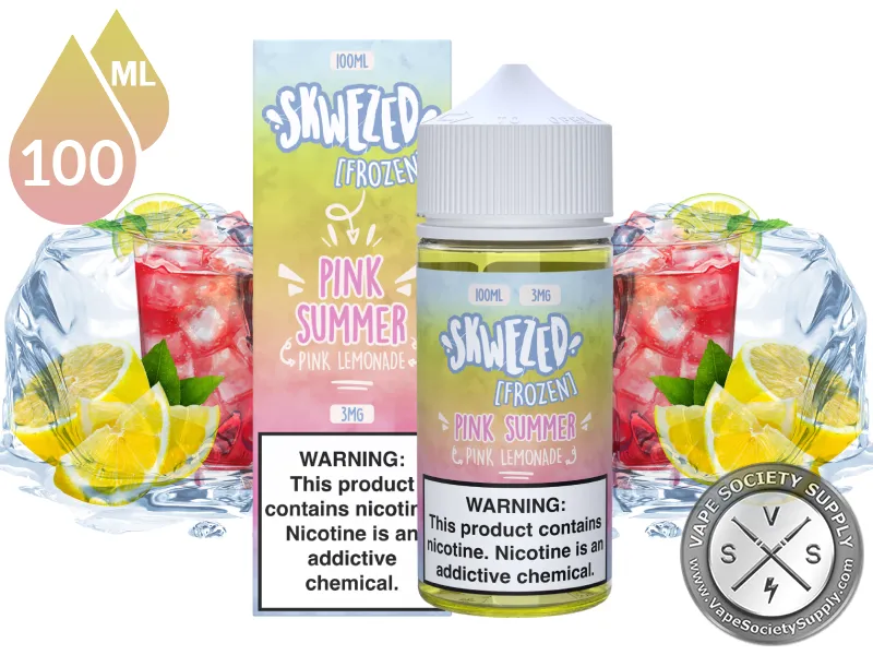 Pink Lemonade Iced by Skwezed 100ml bottle and box with glasses of pink lemonade, lemon slices and ice