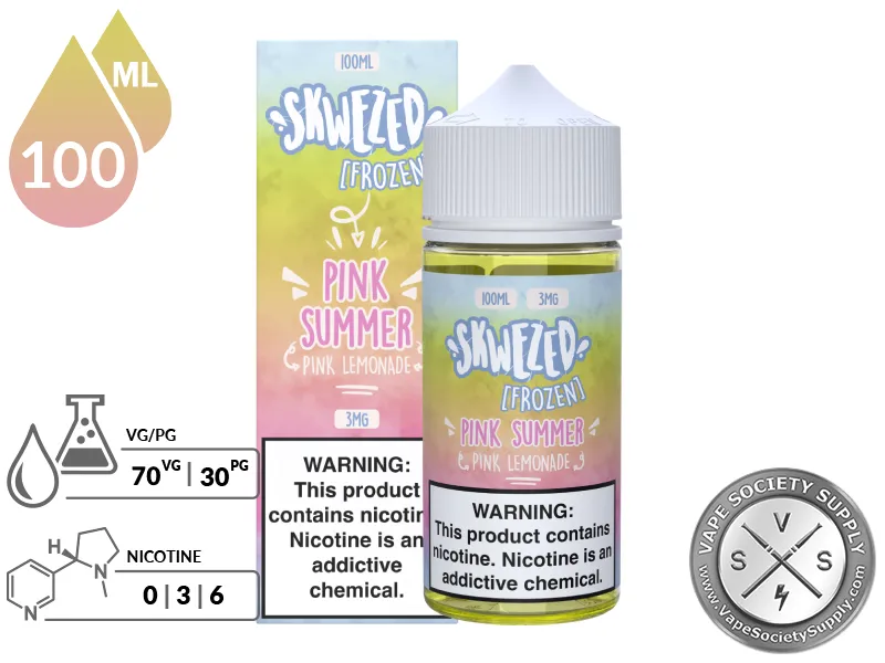 Pink Lemonade Iced by Skwezed 100ml bottle and box with a 70/30 VG/PG icon and nicotine strength icons