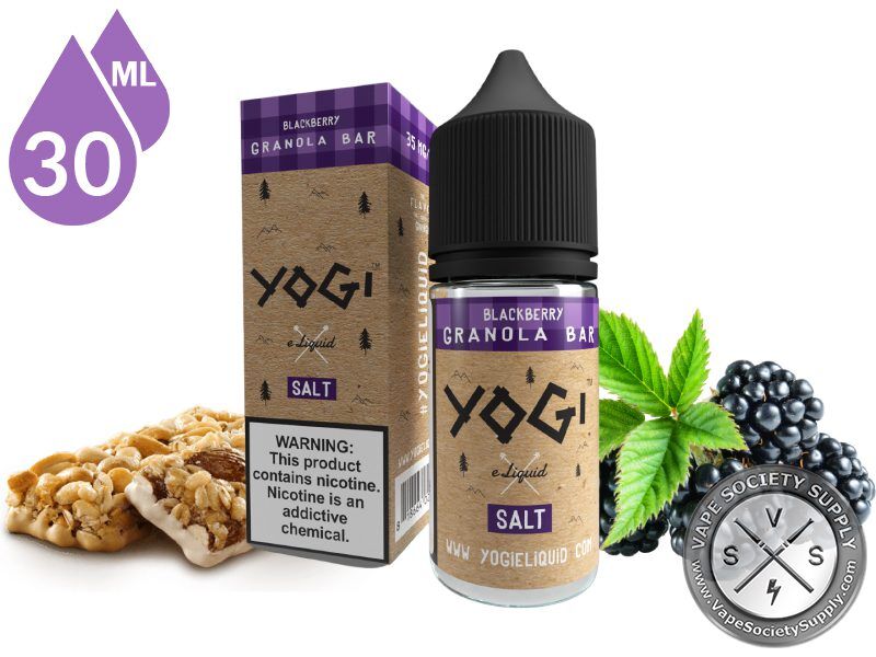 Blackberry Granola Bar by YOGI Salt 30ml bottle and box with a granola bar, blackberries and a mint leaf