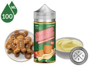 Gingerbread Crunch Custard Monster 100ml bottle with gingerbread cookies and a bowl of custard