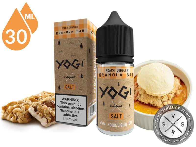 Peach Cobbler Granola Bar by YOGI Salt 30ml bottle and box with a granola bar and a dish of peach cobbler topped with ice cream